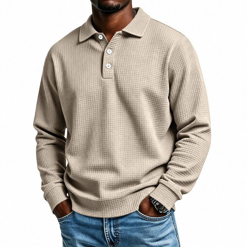Men's Long Sleeve Polo Shirt with Waffle Structure and Cotton Blend Mune Fashion