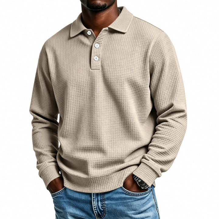 Men's Long Sleeve Polo Shirt with Waffle Structure and Cotton Blend Mune Fashion