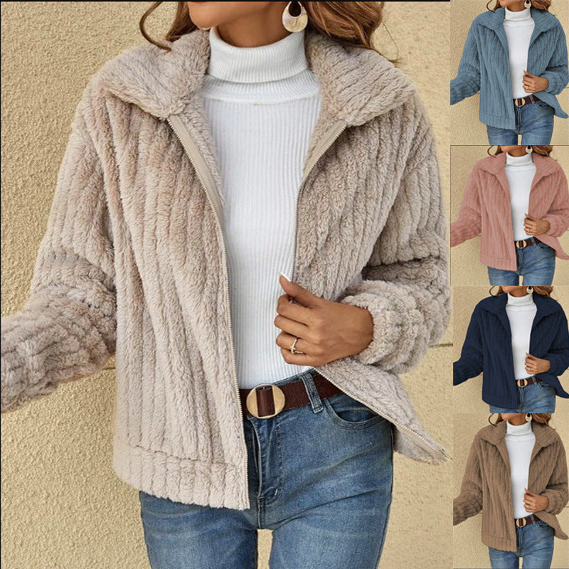 Ladies' fluffy teddy jacket with full-length zipper, stand-up collar, and front pockets Mune Fashion
