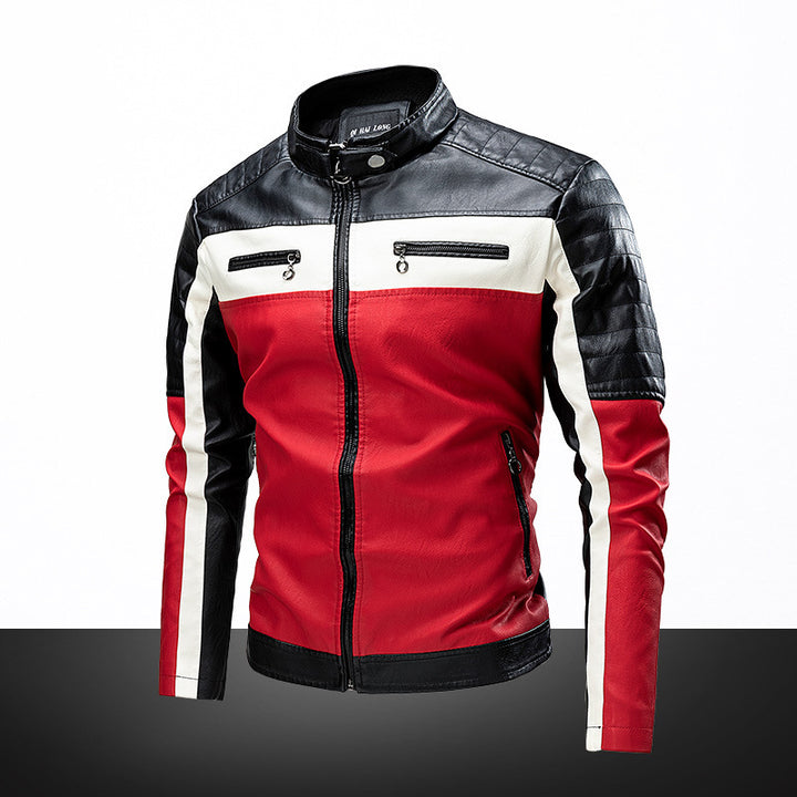 Men's Slim-Fit Biker Jacket in Retro Racing Look with Stand-Up Collar and Quilted Shoulder Area Mune Fashion