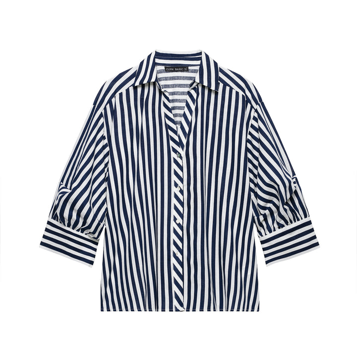Women Oversized Shirt Blouse with Maritime Pinstripes and Three-Quarter Length Balloon Sleeves Mune Fashion