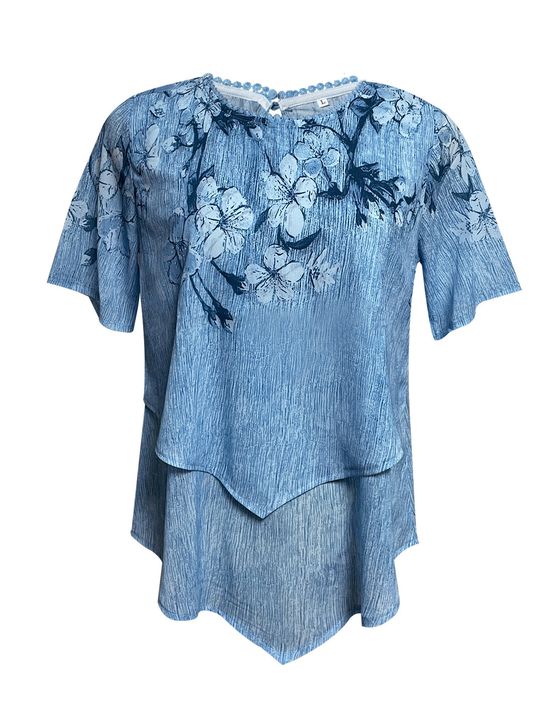 Women's two-layer blouse dress with asymmetrical tiered hem, floral print yoke, and wing sleeves Mune Fashion