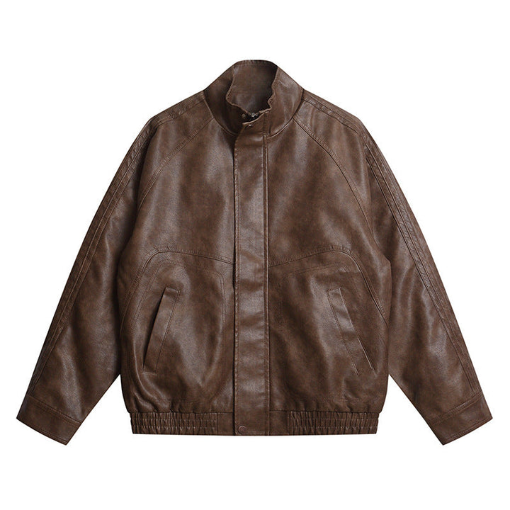 Men's leather-like bomber jacket with stand-up collar, concealed snap button placket, and elastic hem
