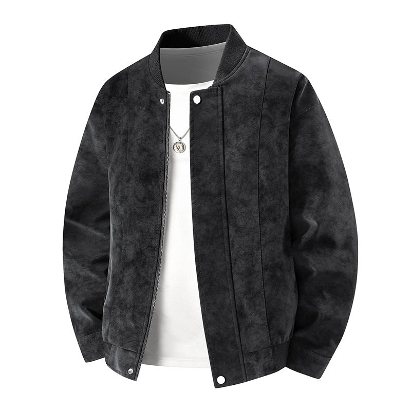 Men's Suede Optic Bomber Jacket with Vertical Quilt Seams and Ribbed Collar Mune Fashion