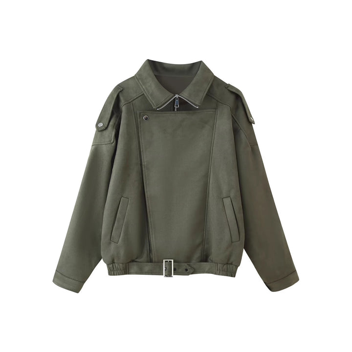 Women's short jacket in biker blouson style with belt and asymmetrical flap Mune Fashion