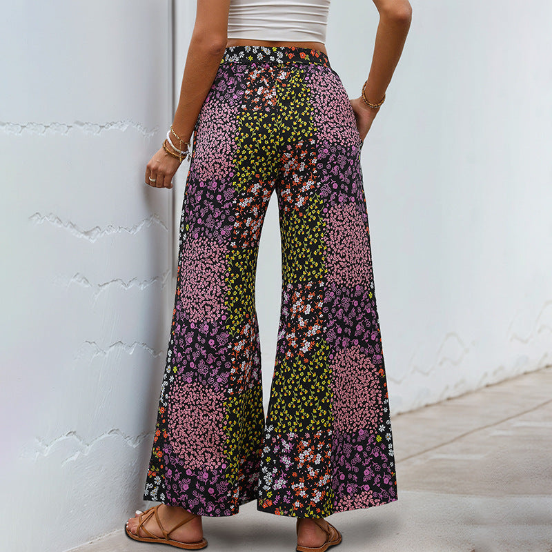 Women's Wide High-Waist Palazzo Pants with Floral Patchwork Print, Drawstring and Side Pockets Mune Fashion