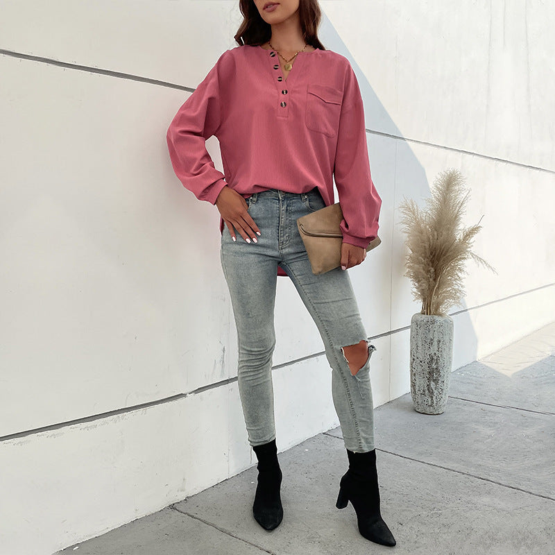 Women's Textured Henley Blouse Shirt with Button Placket and Chest Pocket Mune Fashion