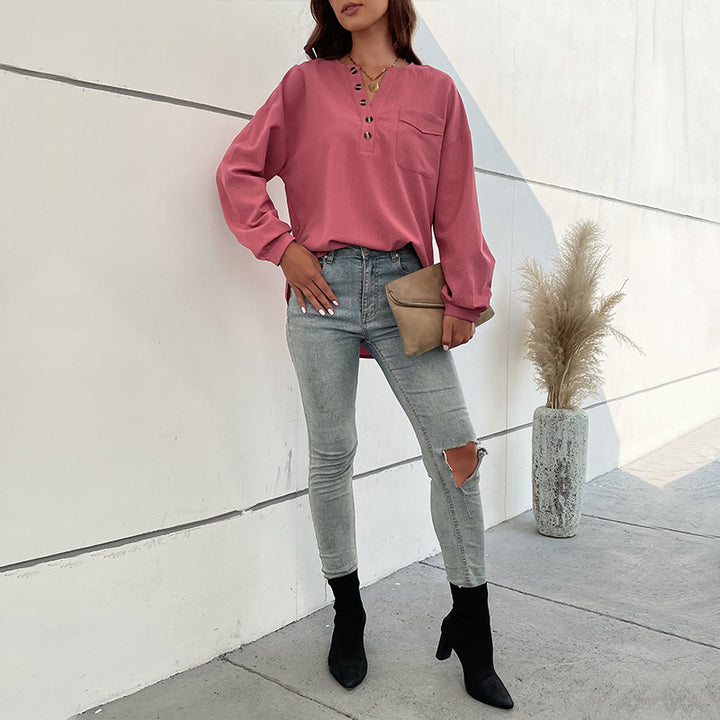 Women's Textured Henley Blouse Shirt with Button Placket and Chest Pocket Mune Fashion