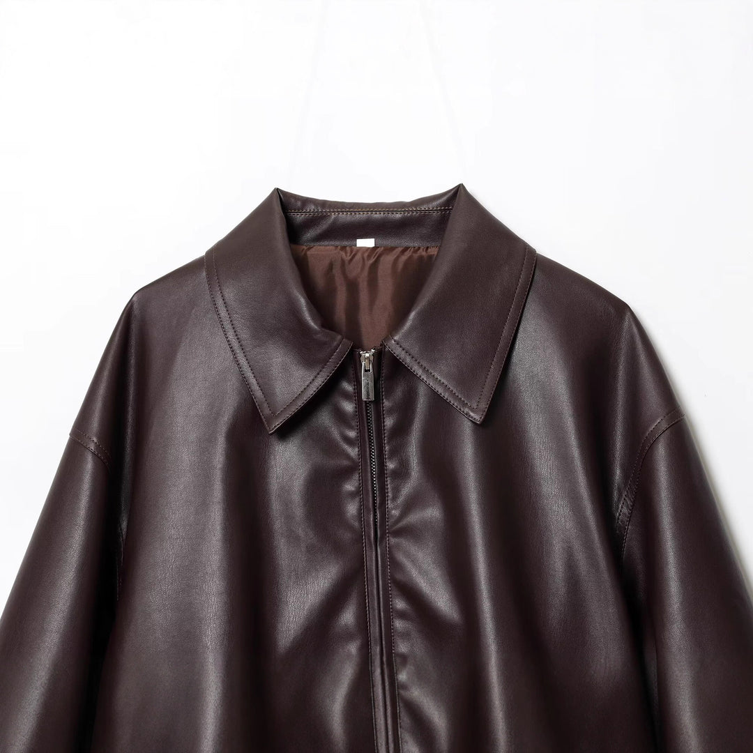 Ladies Boxy Leather Look Bomber Jacket with Concealed Zipper and Elastic Hem Mune Fashion