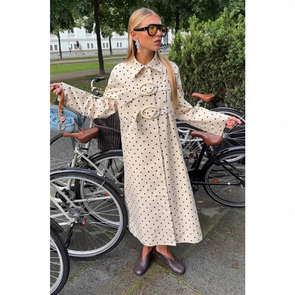 Women's Long Polka Dot Trench Coat with Oversized Lapels and Decorative Eyelets Mune Fashion