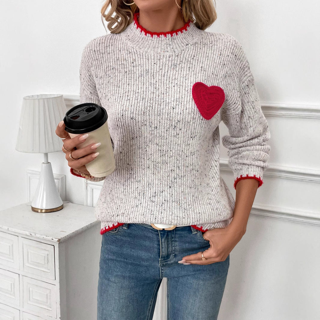 Women's Ribbed Fine Knit Sweater with Heart Application and Contrasting Hem Edge Mune Fashion