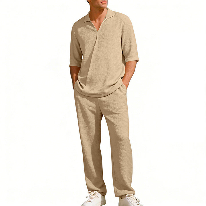 Men's crepe structure leisure set with open lapel collar and straight comfort trousers with side pockets Mune Fashion
