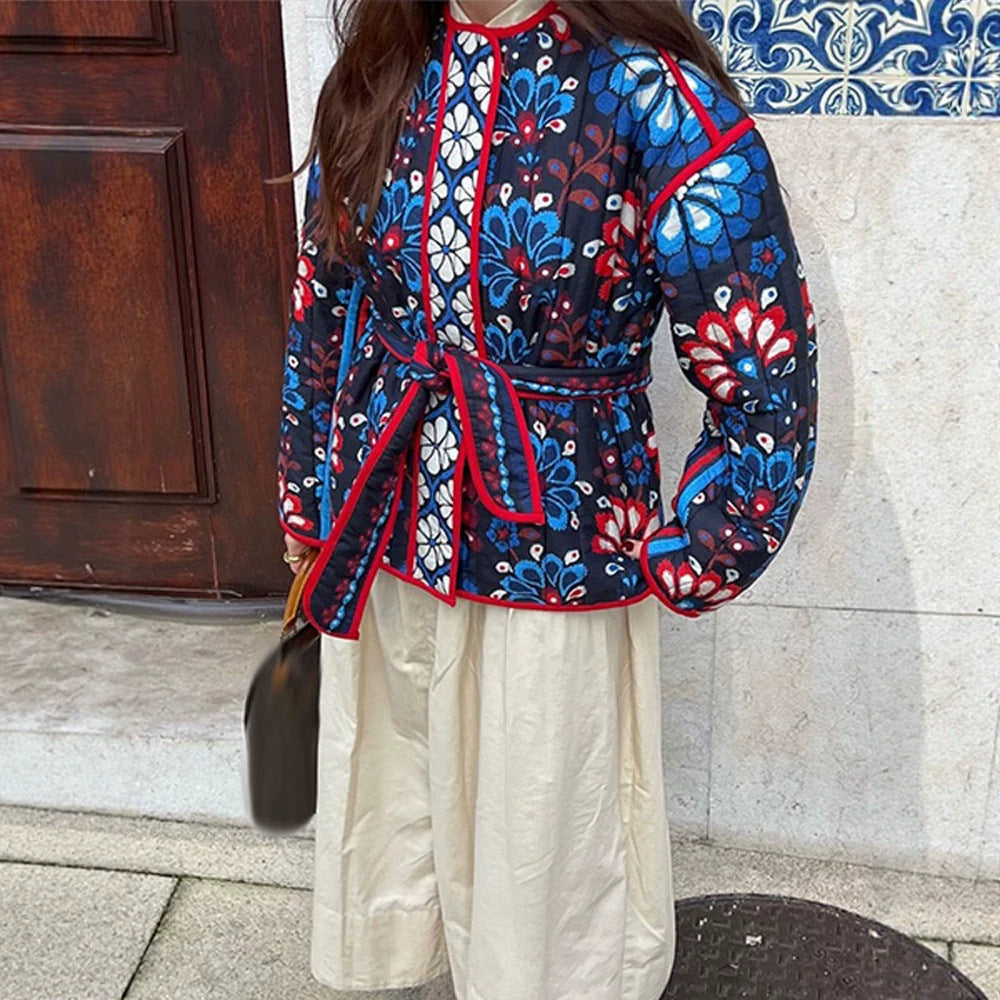 Women's Tailored Quilted Jacquard Cotton Jacket with Folk Floral Pattern & Tie Belt Mune Fashion