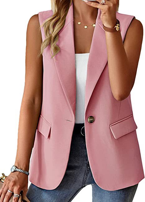 Women Sleeveless Longline Blazer Vest with Lapel Collar, Single Button and Patch Pockets Mune Fashion