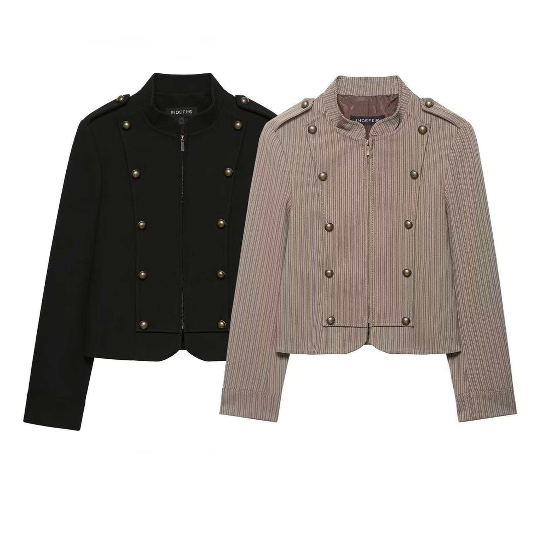 Women's cropped military jacket with stand-up collar and decorative ornamental buttons Mune Fashion