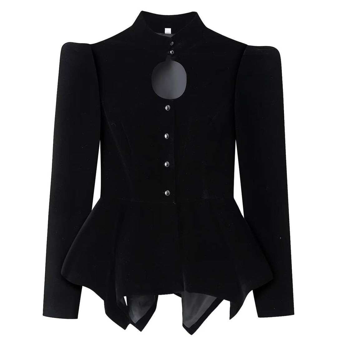 Women nan tailored velvet jacket with stand-up collar cut-out and asymmetrical peplum Mune Fashion