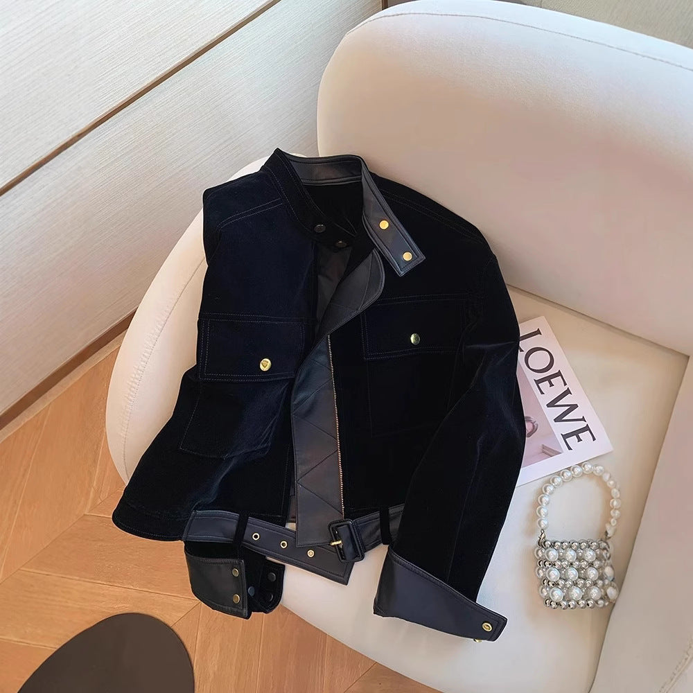 Ladies Stylish Velvety Transitional Jacket with Leather Accents Mune Fashion