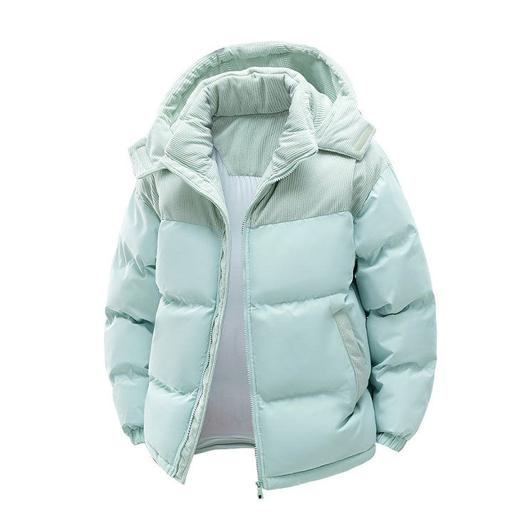 Ladies Thermo Puffer Short Jacket with Cord Shoulder and Hood Collar Mune Fashion