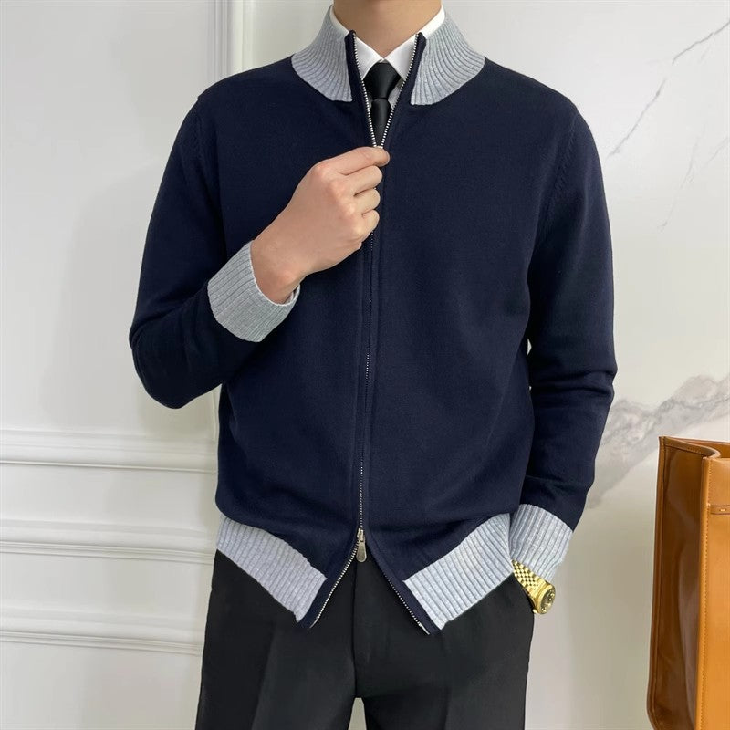 Men's zip fine knit cardigan with standing collar and ribbed hem Mune Fashion