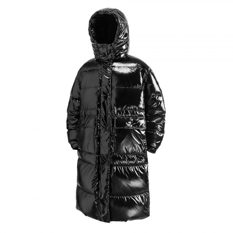 Women's longer shiny quilted puffer coat with hood, utility pockets and oversized silhouette Mune Fashion