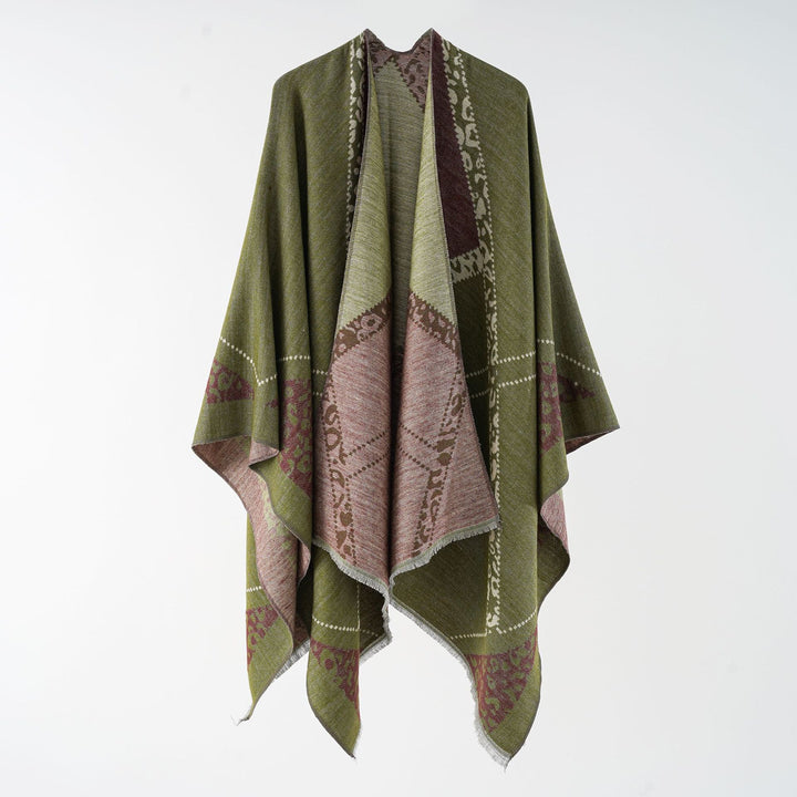 Women's Oversize Cape Throw with Jacquard Woven Patch Motifs and Fringed Hem Mune Fashion