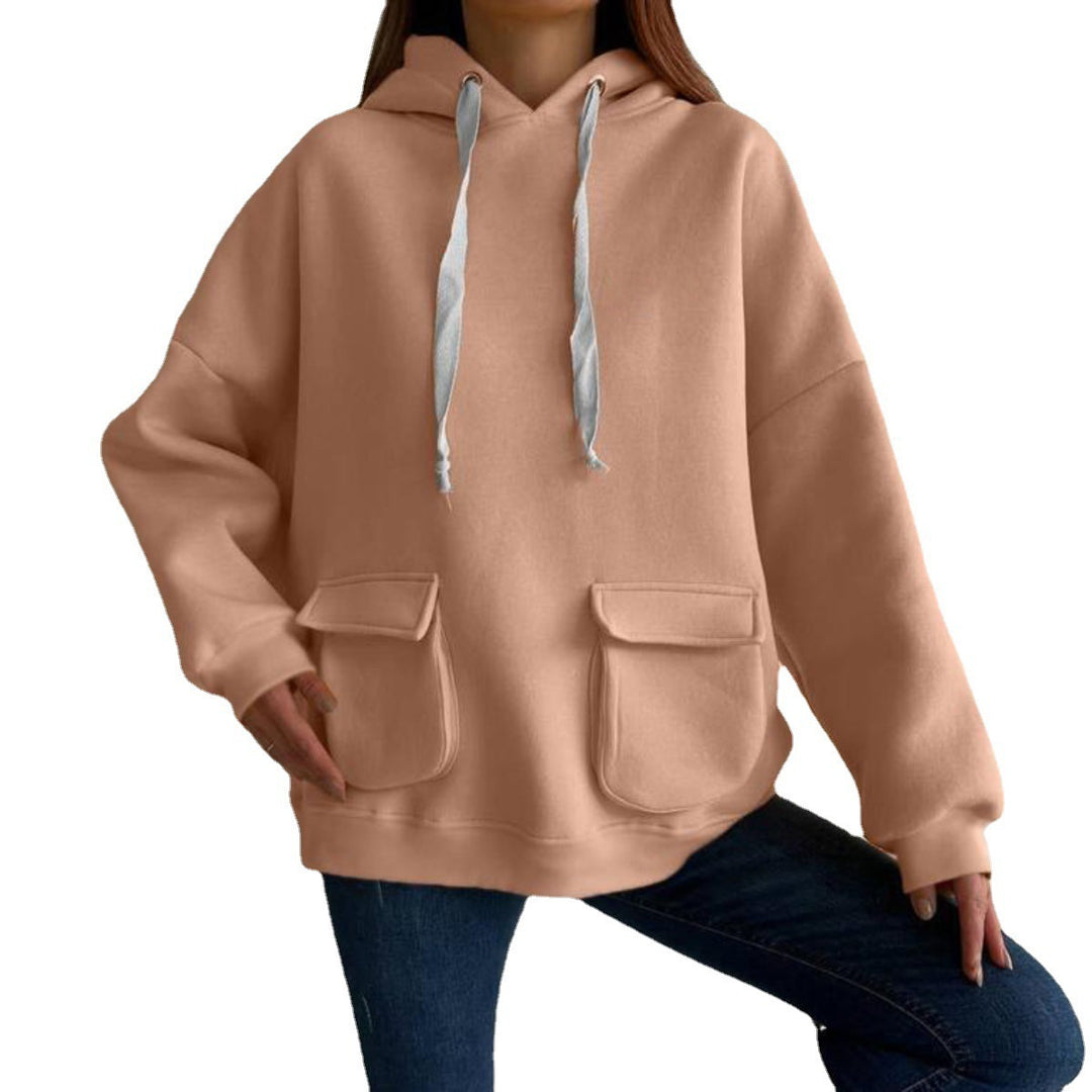 Women's Oversize Hooded Sweater with Patch Pockets and Extra-Long Cords Mune Fashion