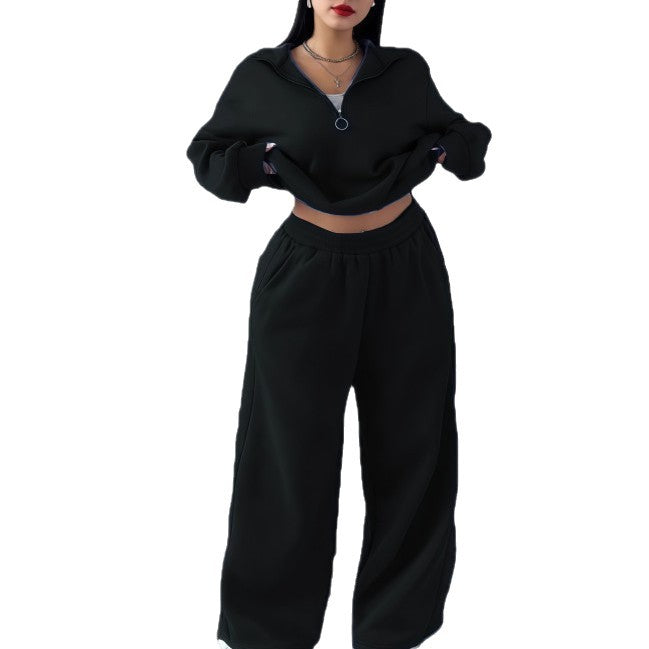 Women's Cropped Oversized Sweatshirt with Half Zipper and Wide High-Waist Jogging Pants Set Mune Fashion