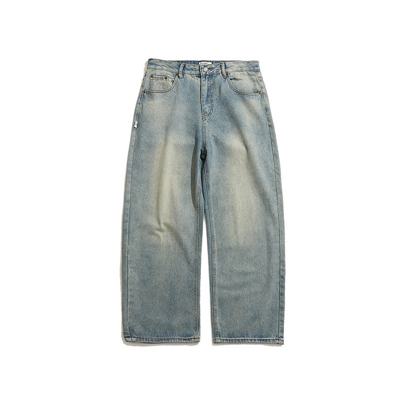 Men's Wide Cropped Baggy Jeans with High Waist and Vintage Wash Mune Fashion