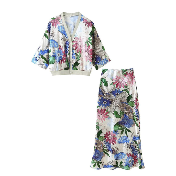 Ladies two-piece satin set with floral printed short jacket and bias-cut midi skirt Mune Fashion