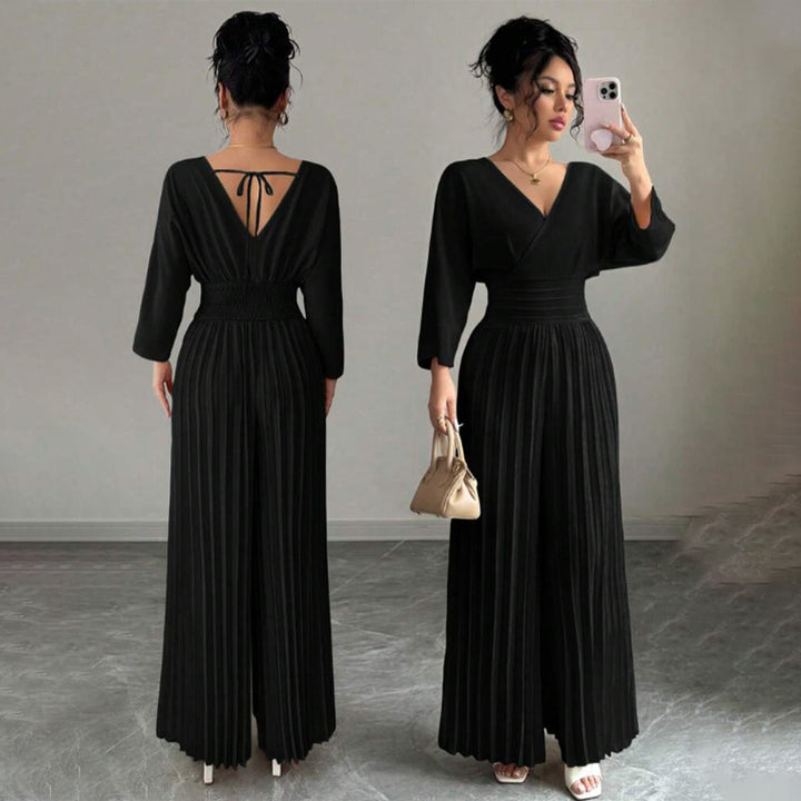 Women Elegant Pleated Jumpsuit with V-Neck Mune Fashion