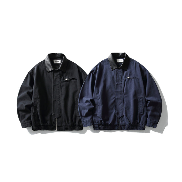 Men's short-cut boxy blouson with contrasting leather collar Mune Fashion