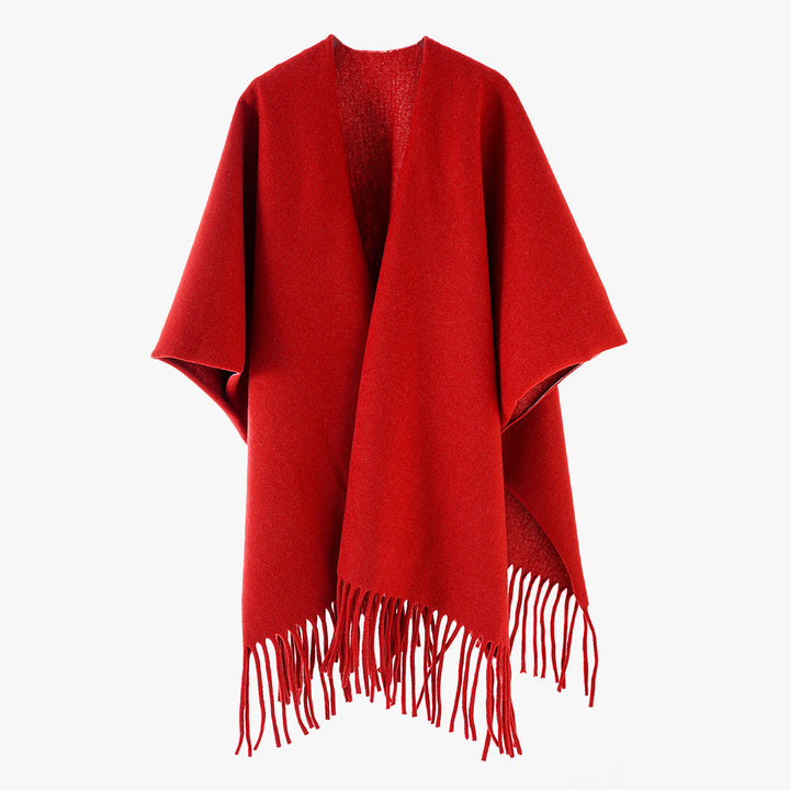 Women Minimalist Wool Cape with Fringe Hem and Open Fall Mune Fashion