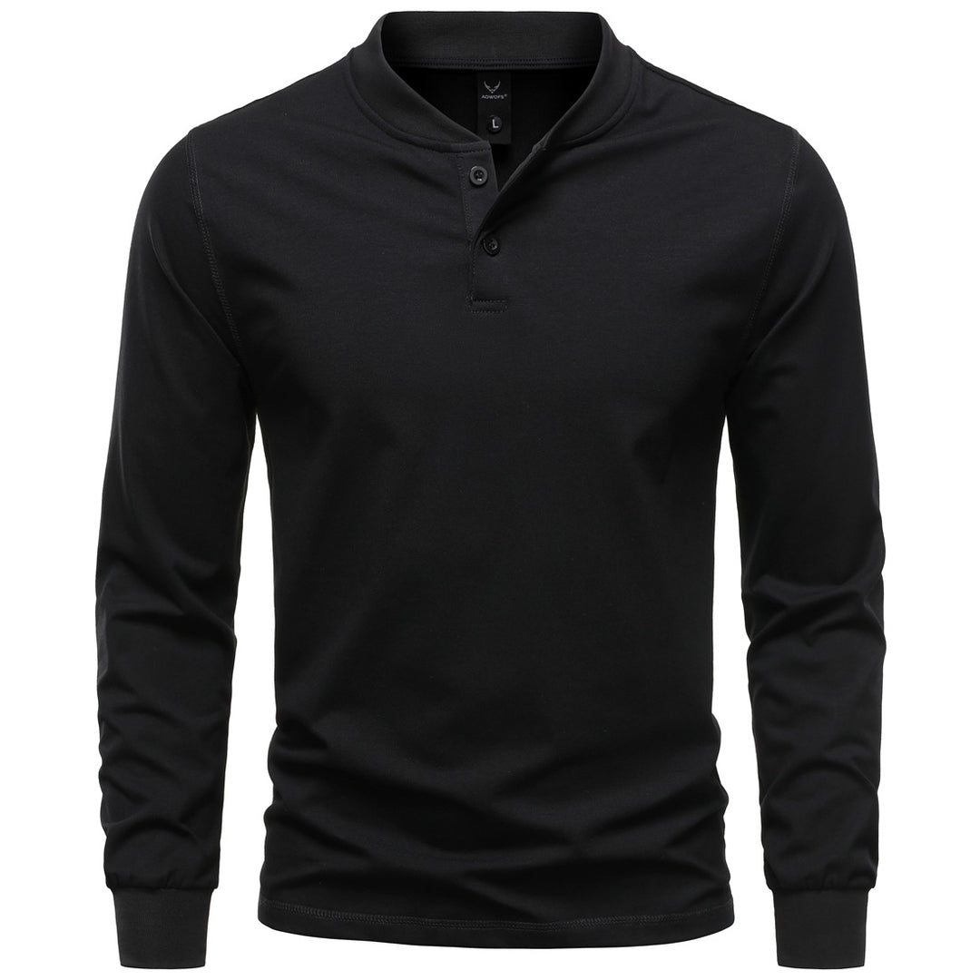 Men's Long Sleeve Henley Shirt with Stand Collar and Double Button Placket, Slim Fit, Cotton Blend Mune Fashion