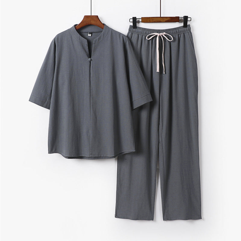 Unisex Lockeres Lounge Set with Stand Collar Half Sleeve Shirt and Elastic Waist Pants Mune Fashion