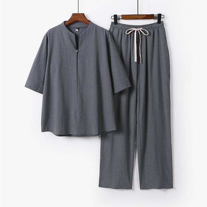 Unisex Lockeres Lounge Set with Stand Collar Half Sleeve Shirt and Elastic Waist Pants Mune Fashion