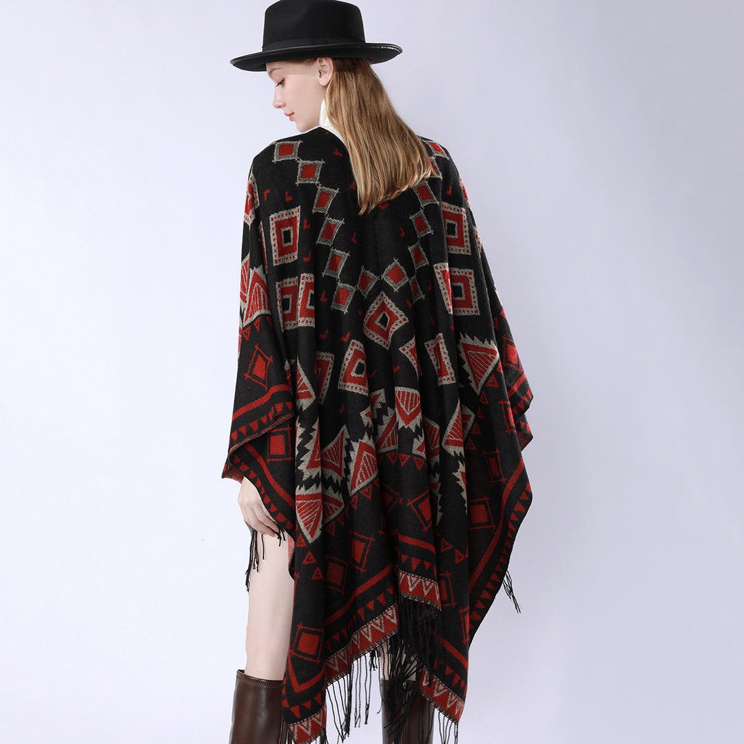 Women's Layered Hooded Overlay with Asymmetric Fringe Hem and Geometric Jacquard Mune Fashion