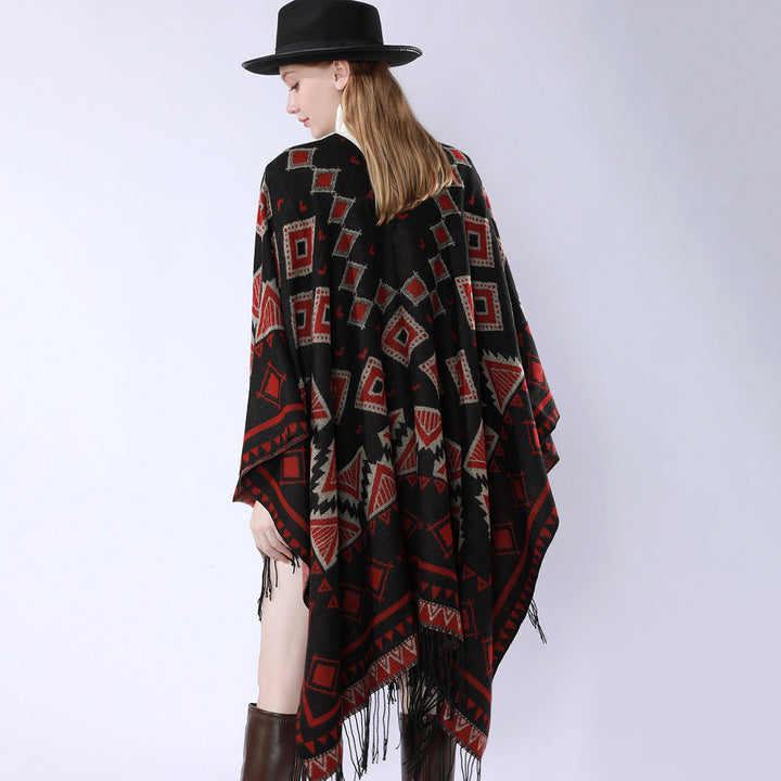 Women's Layered Hooded Overlay with Asymmetric Fringe Hem and Geometric Jacquard Mune Fashion