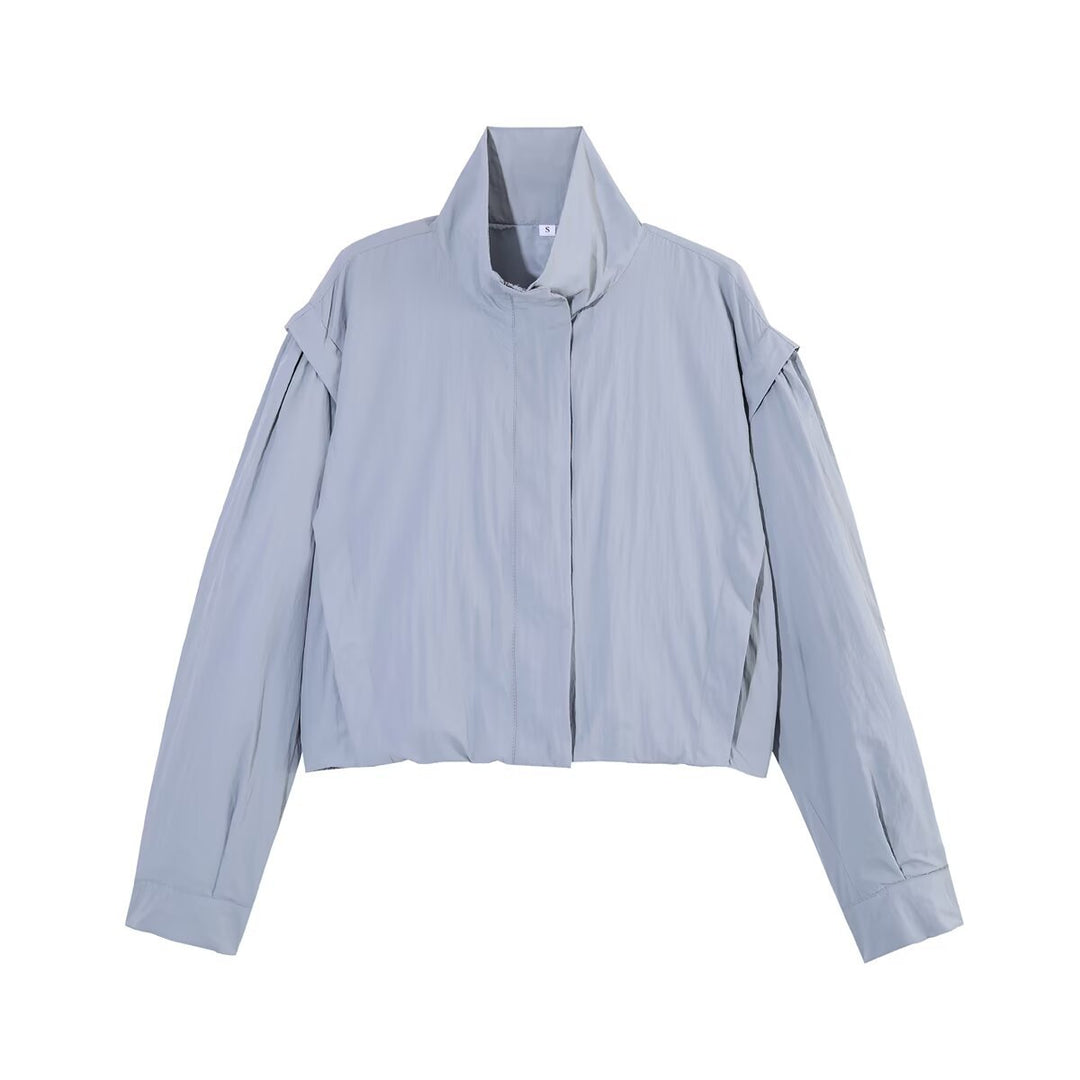 Women Cropped Waist-free Blouson Jacket with High Standing Collar and Pleated Sleeve Panels Mune Fashion