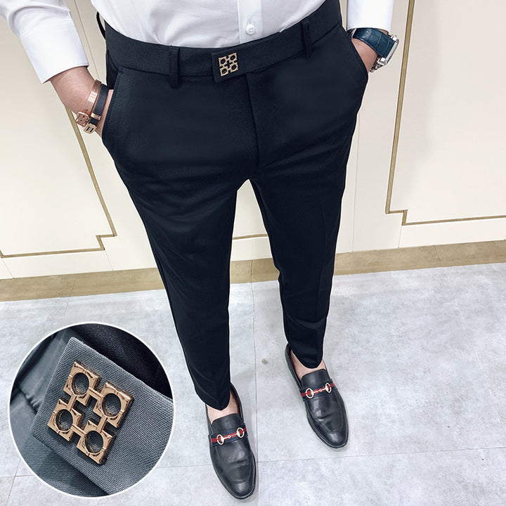 Men's trendy tapered dress pants with crease, stretch comfort, and concealed hook closure Mune Fashion