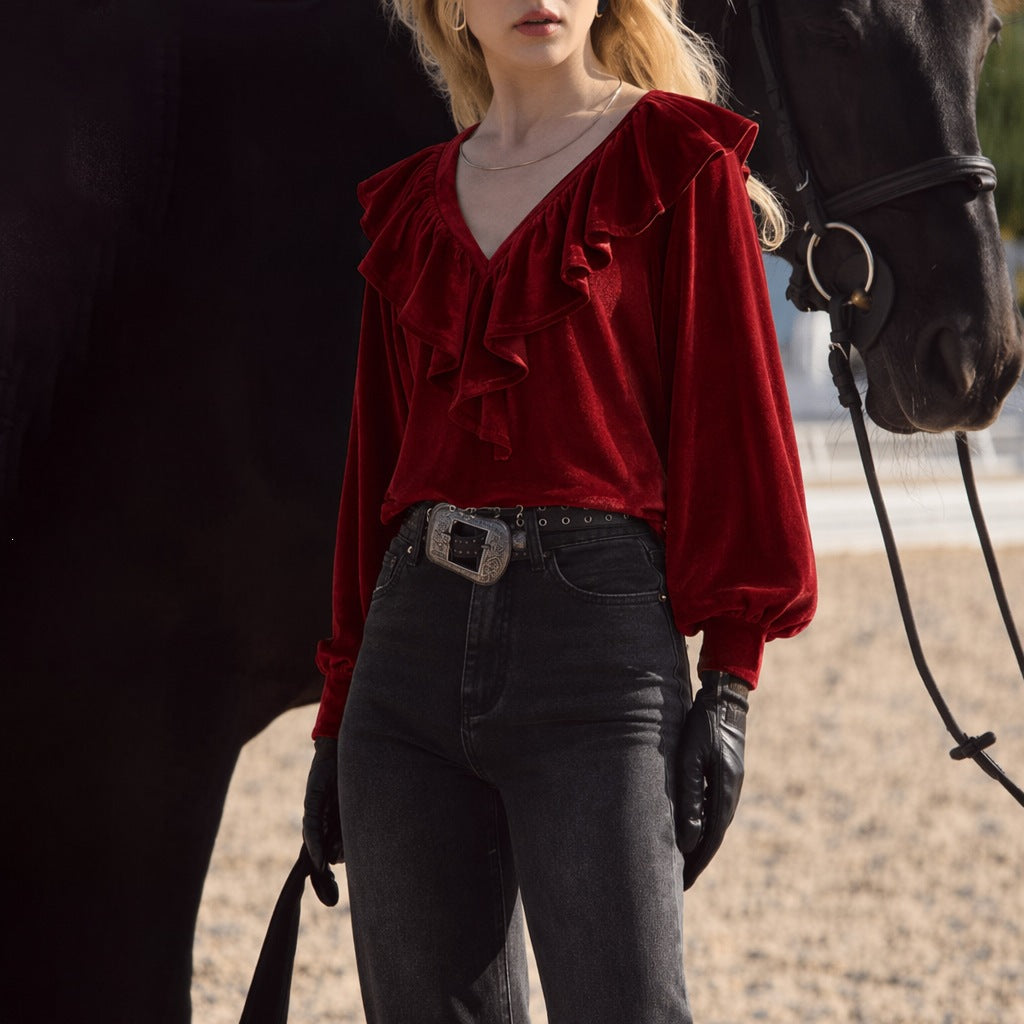 Women shimmering V-Neck ruffle blouse with balloon sleeves and elastic cuffs Mune Fashion