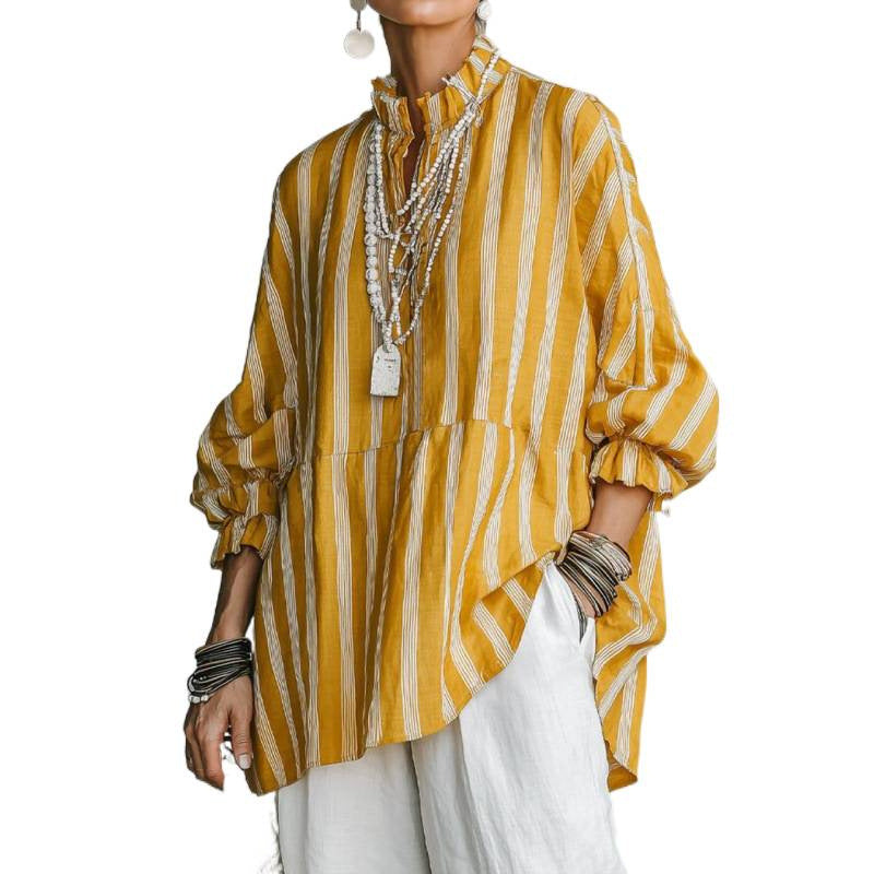 Women's Striped Oversize Tunic with Ruffle Collar and Balloon Sleeves Mune Fashion
