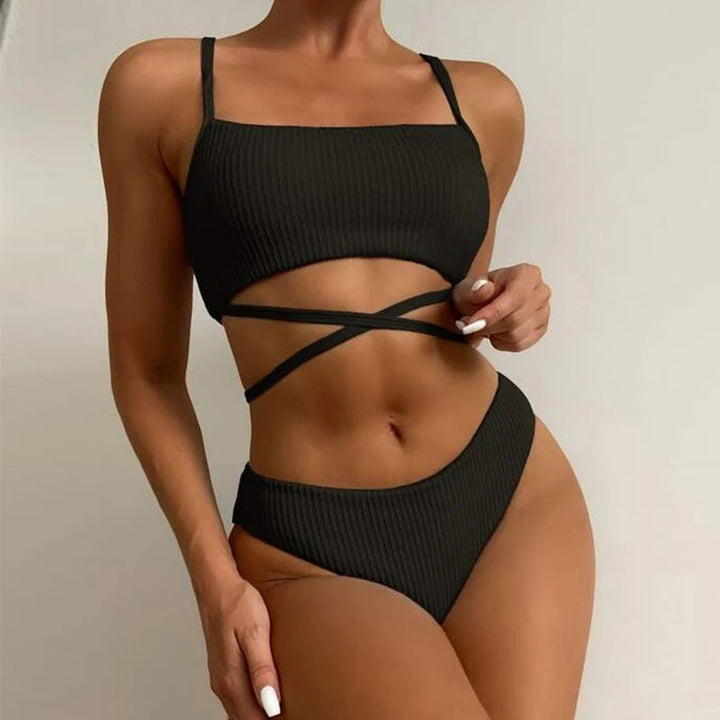 Ladies High-Cut Rib Bikini with Cross Details Mune Fashion