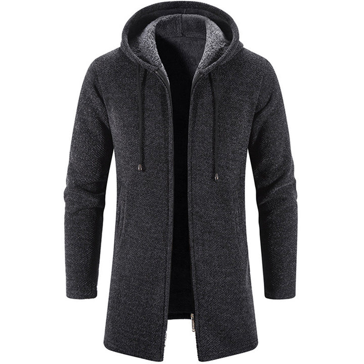 Men's longer hooded knit coat with teddy lining, full zipper and side pockets Mune Fashion