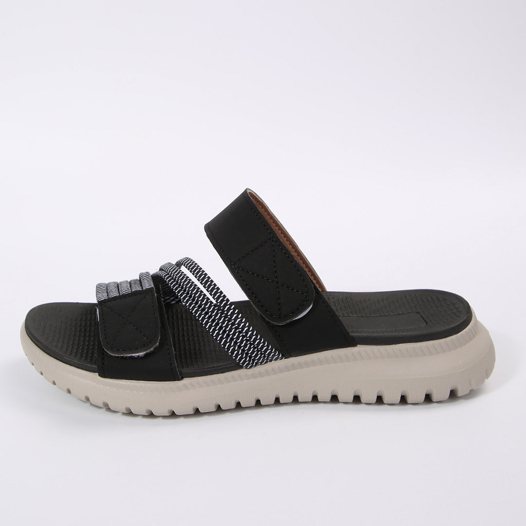 Damen Komfort-Pantolette mit verstellbaren Klettriemen, elastischen Zierbändern und stoßdämpfender Profilsohle Mune Fashion