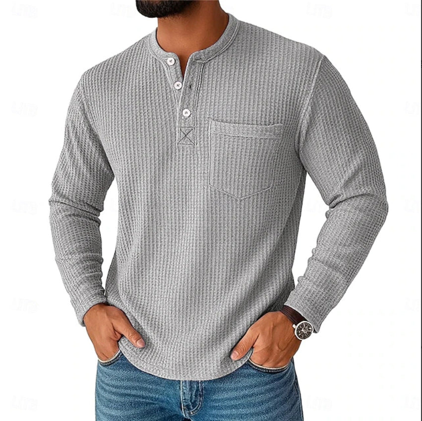 Men's long sleeve Henley with waffle structure and chest pocket thermal long sleeve shirt Mune Fashion
