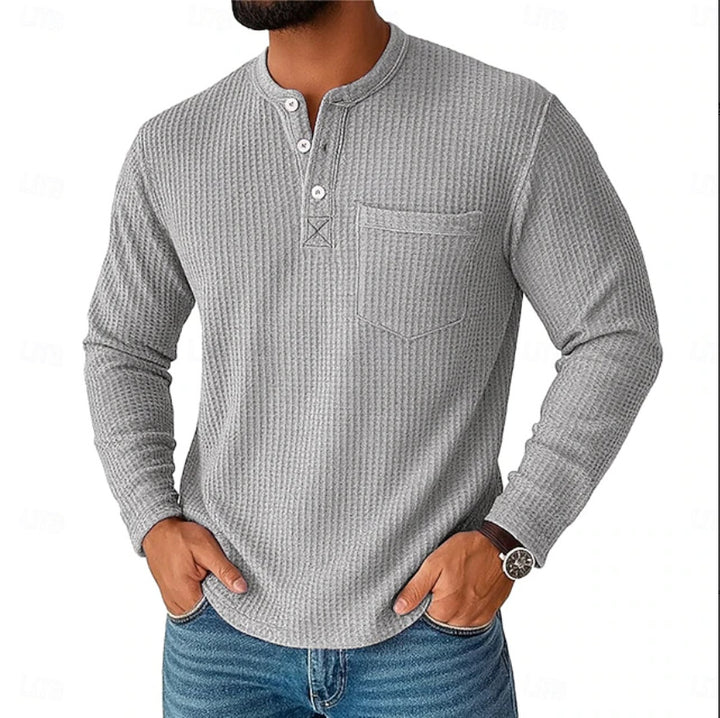 Men's long sleeve Henley with waffle structure and chest pocket thermal long sleeve shirt Mune Fashion