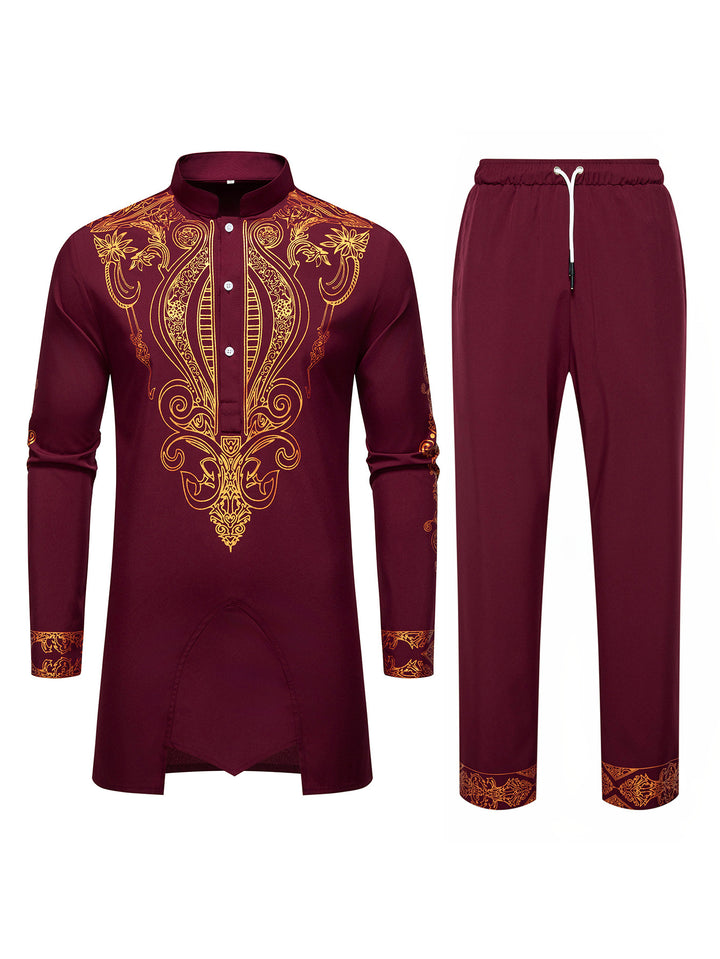 Men's Tunic Suit with Stand Collar and Ornamental Gold Application Mune Fashion