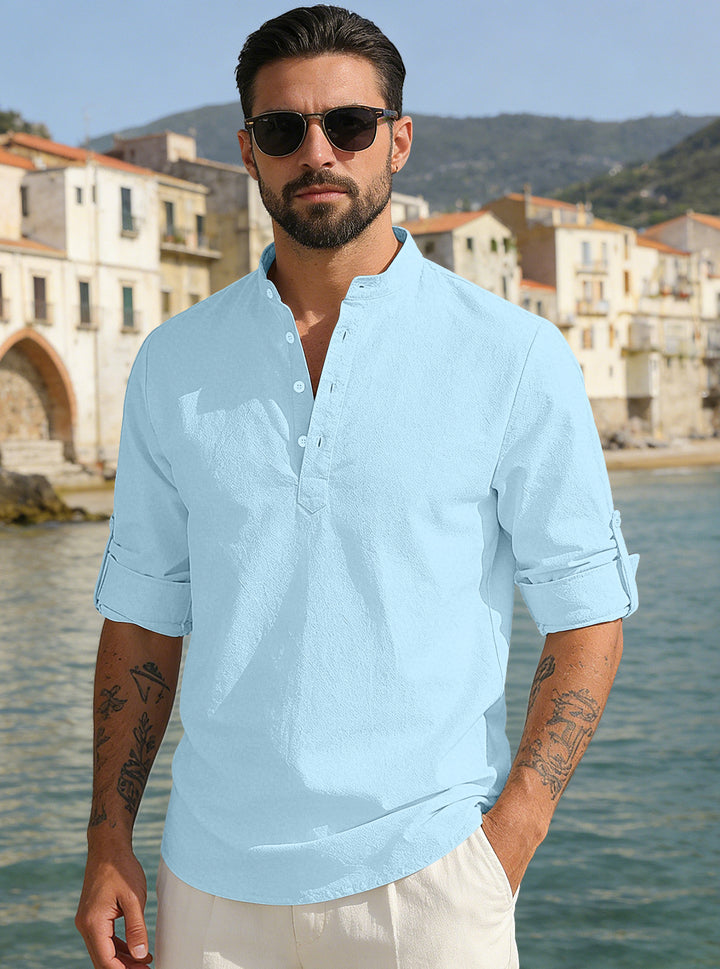 Men's lightweight half-button shirt made of linen blend with stand-up collar and roll-up sleeves Mune Fashion