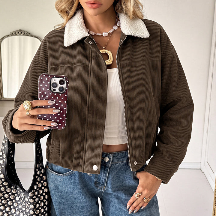 Ladies Fashionable Cord Jacket with Fleece Collar Mune Fashion