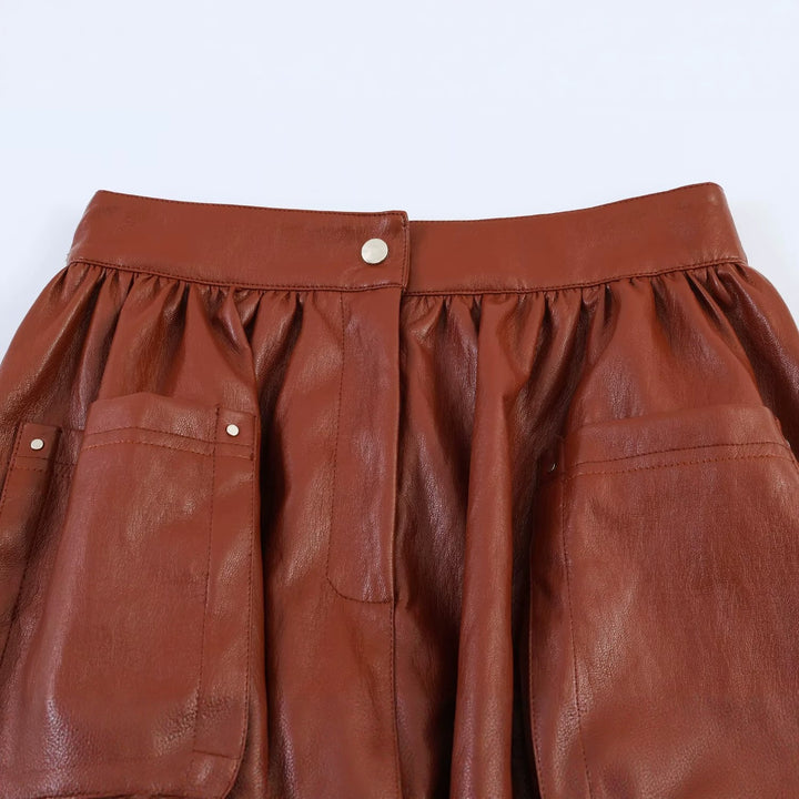 Women’s Short Balloon Skirt made of Faux Leather with High Waist and Patch Pockets Mune Fashion